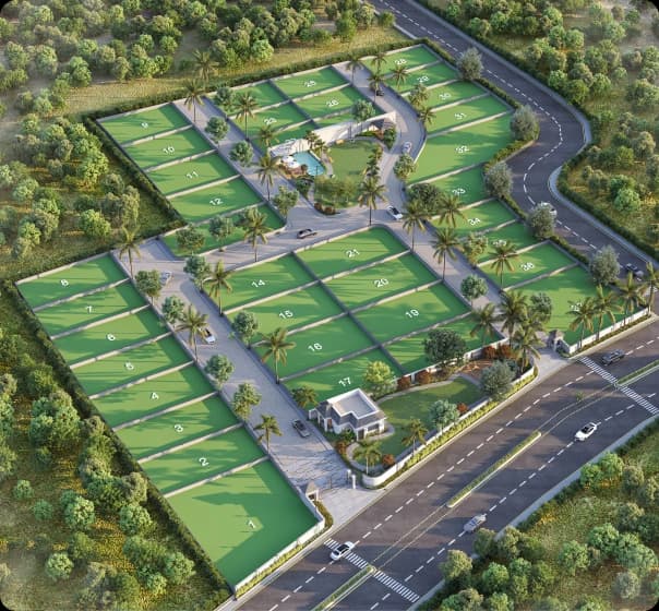 Aerial view of Nivasa Greens landscaped roads and green lawns at sunset
